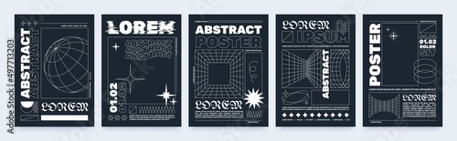 Modern brutalism style posters with geometric shapes and abstract forms. Trendy minimalist monochrome print with simple figures and swiss graphic elements, vector streetwear poster template set
