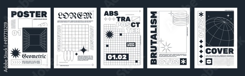 Modern brutalism style posters with geometric shapes and abstract forms. Trendy minimalist monochrome print with simple figures and swiss graphic elements, vector poster template set photo