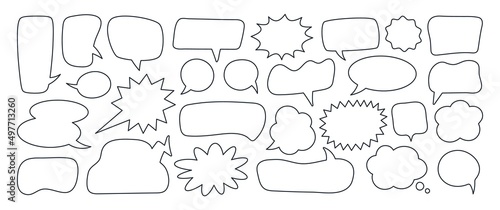 Linear speech bubbles, blank chat balloons in various shapes. Comic cloud bubble, empty dialog balloon, outline conversation message icon vector set photo