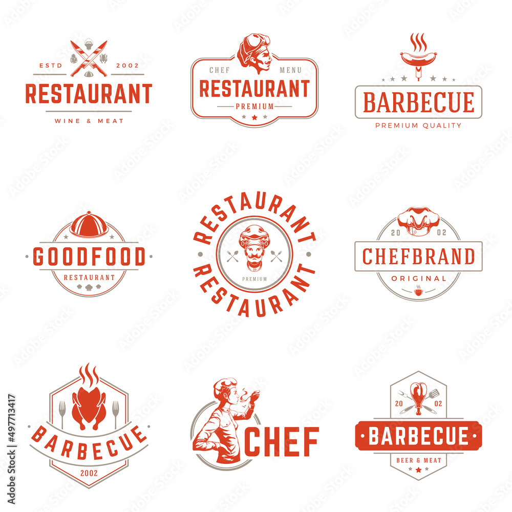 Fototapeta premium Restaurant logos templates vector objects set. Logotypes or badges design. Trendy retro style illustration, chef woman, barbecue, pizza silhouettes.