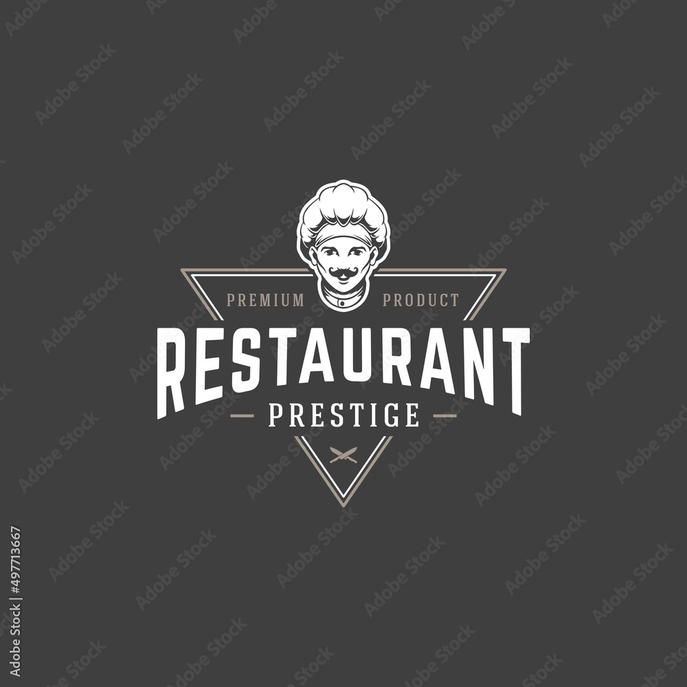 Restaurant logo template vector object for logotype or badge design. Trendy retro style illustration, chef man giving food silhouette.