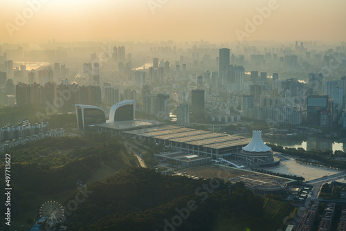 The landmark building in Nanning, Guangxi, China, in the evening sunset, the convention and exhibition center