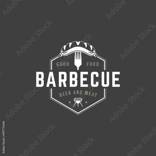 Restaurant logo template vector object for logotype or badge design. Trendy retro style illustration, barbecue grill sausage and fork silhouette.