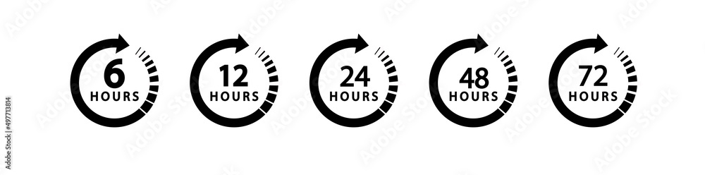 Clock with arrow circle vector icon set. Work time. Delivery service time icons. Time symbol isolated. Passage of time vector illustration.