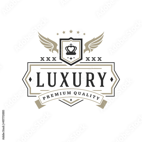 Luxury logo template vector object for logotype or badge design. Trendy vintage royal style illustration, good for fashion boutique, alcohol or hotel brand.