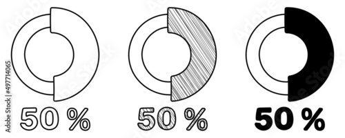 Set of hand drawn vector diagrams 50% in doodle cartoon style on white background