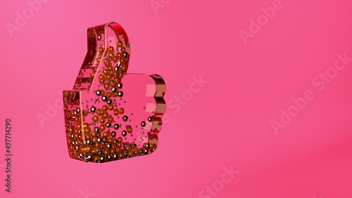 3d image of a pink thumb like on pink background with golden bubbles inside. Thumb up. Image of the like button expressing encouragement. 4k