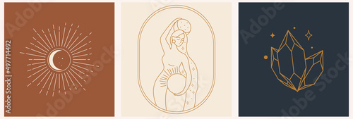 Set of logos in minimalistic linear style with beautiful esoteric female silhouette. For hairdressers, beauty salons, organic cosmetics, spas, prints, jewelry store.