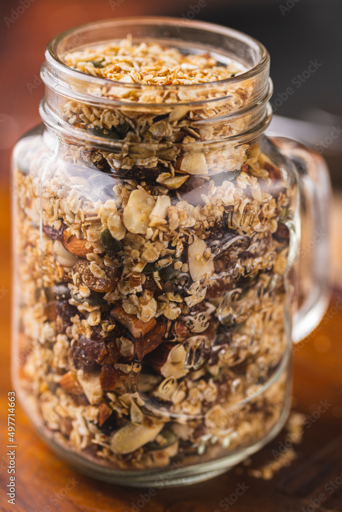 Granola of Oatmeal, Pecans, Nuts, Oats, Dates, Pine Nut Inside a Jar Granola of Oatmeal, Pecans, Nuts, Oats, Dates, Pine Nut Inside a Jar