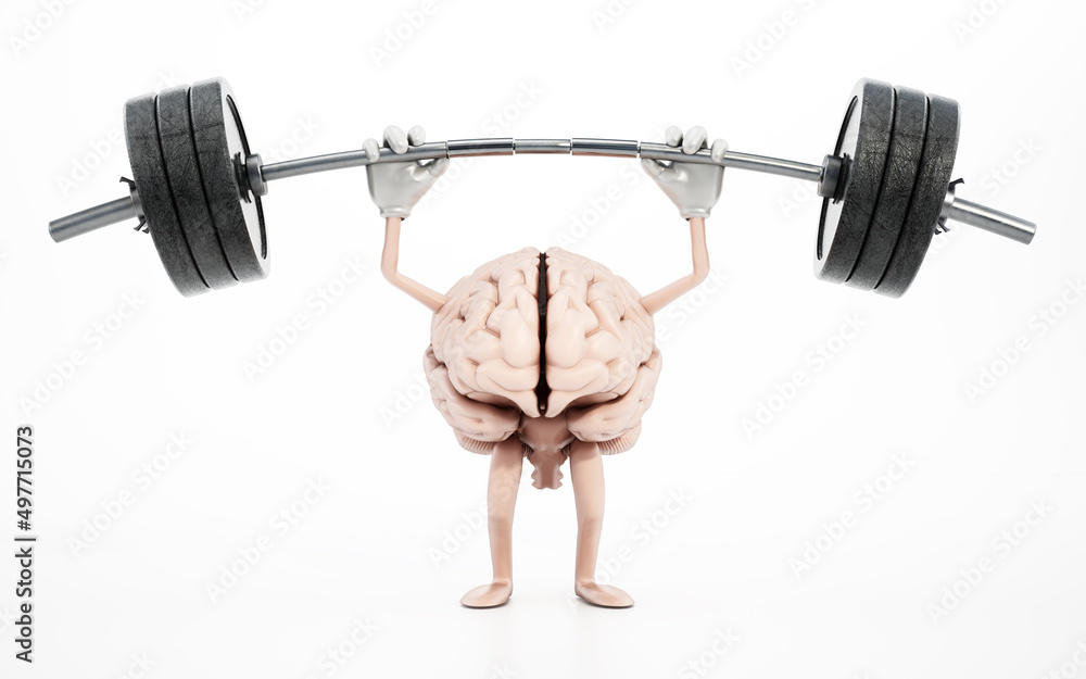 Brain lifting barbell weights. Mental training concept. 3D illustration