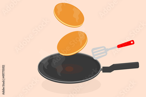 pancake in a frying pan in the kitchen preparing delicious big ones on a butter dish vector illustration
