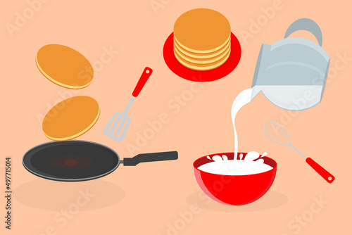 pancake making set milk frying pan spatula whisk plate vector illustration