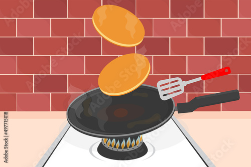 pancake in a frying pan in the kitchen preparing delicious big ones on a butter dish vector illustration