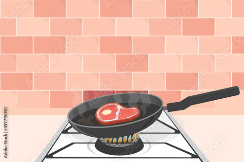 a large tasty steak is fried in a hot pan in the kitchen on a gas stove