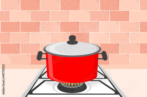 a large red pot is boiling on a gas stove in the kitchen