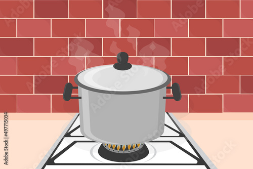 a large pot is boiling on a gas stove in the kitchen