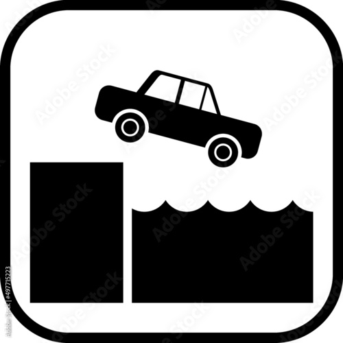 Car falling down off slope into the water accident. Warning traffic sign. Vector icon