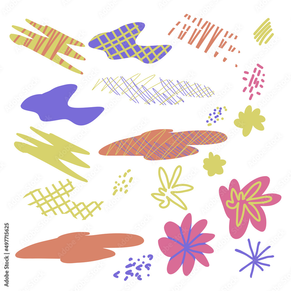 Vector set of abstract colorful flat shapes, flowers, stripes, strokes, lines, spots, zigzags.