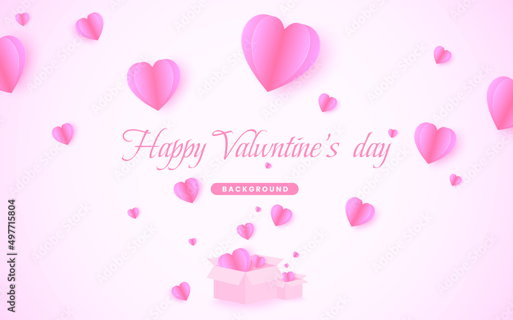Happy Valentine's day. Valentines hearts with gift box postcard. Vector symbols of love in shape of heart. Paper flying elements on pink background.  Papercut style. illustration vector 10 eps.