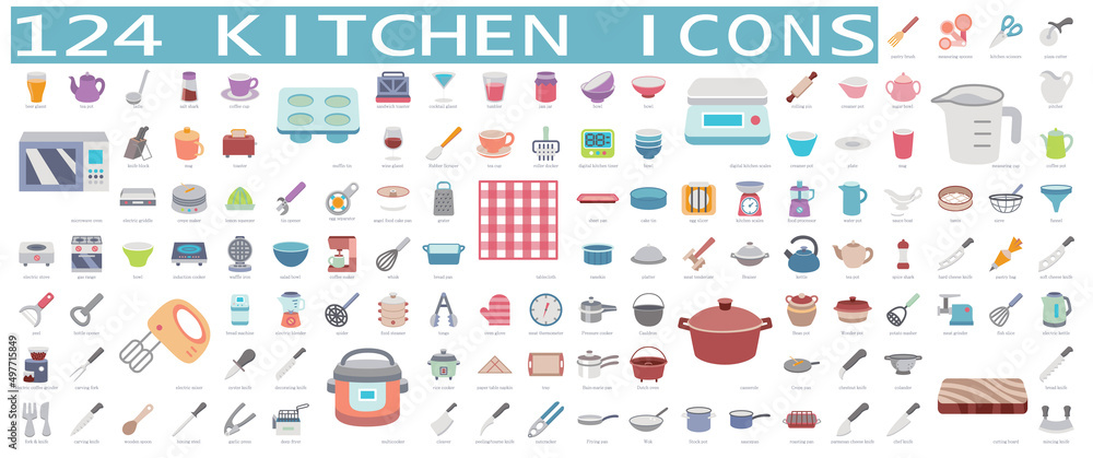 Fototapeta premium Set of kitchenware Icons isolated on white background.