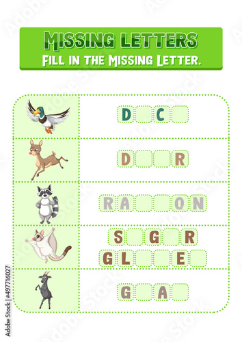 Fill the missing letter of each word worksheet for children