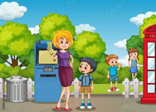 ATM machine street scene with people