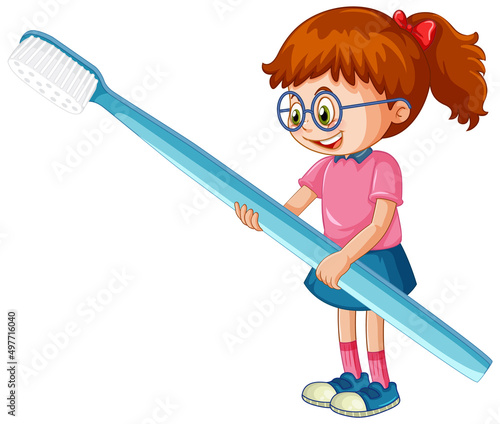 A little girl holding toothbrush on white background