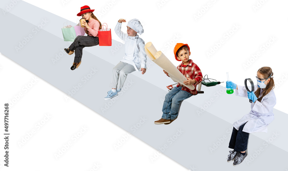 Set of four children in image of builder, chef, doctor, shopacholic isolated over white background Set of four children in image of builder, chef, doctor, shopacholic isolated over white background