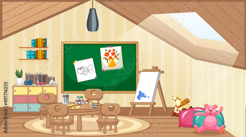 Scene of classroom with board and table