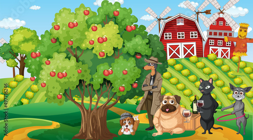 Set of different domestic animals in farm