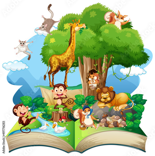 Fototapeta Naklejka Na Ścianę i Meble -  Open book forest theme with animal on white background