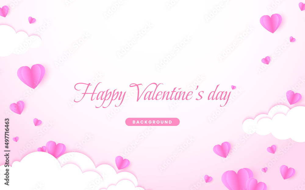Happy Valentine's day with pink sky. Vector symbols of love in shape of paper cut heart and clouds. Paper flying elements on pink background. Papercut style. illustration vector 10 eps.