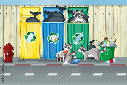 Street scene with dirty trash and raccoons