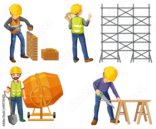 Construction worker set with man and tools