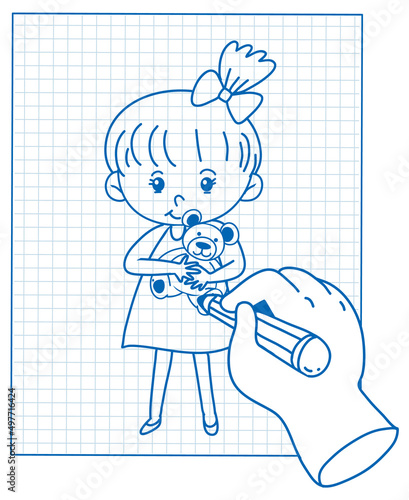Sketching little girl on grid paper