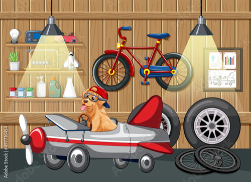 Dogs driving car in garage