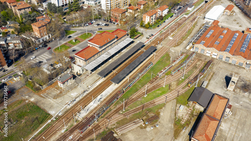 Aerial view of Piazza Manzoni train station in Modena, Italy.