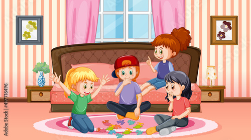 Children playing jigsaw in the house