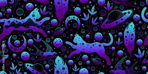 Space pattern. Seamless boho background with cat, moon. Cute magic print. Vintage black white pattern. Witch cat bird galaxy doodle vector illustration. Celestial gothic seamless. Esoteric wallpaper