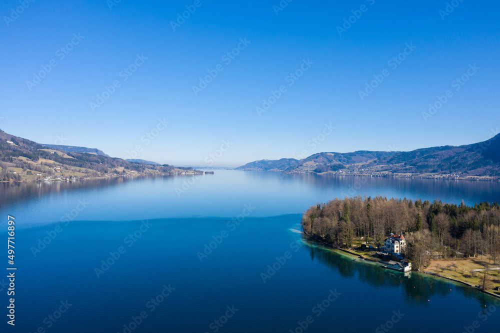 Drone photography, Fuschlsee a popular lake near Salzburg, Upper Austria, Europe Drone photography, Fuschlsee a popular lake near Salzburg, Upper Austria, Europe