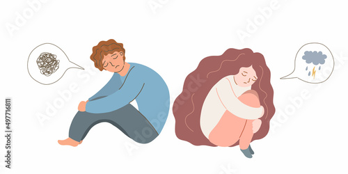 Quarrel, separation. Frustration, despair, depression, mental stress, sad person concept. Desperate frustrated depressed sitting in corner crying. Negative emotions. Cloud and rain. Vector cartoon