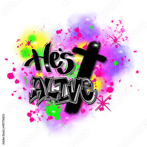 Easter, He's Alive, Colorful Pink, Purple, Yellow, and Green Background, Cross, Religious