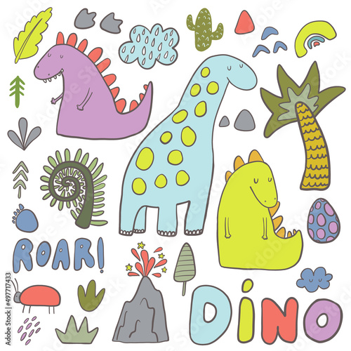 Cute dinosaurs set with plants, cute elements and word dino and roar. Vector hand-drawn color children's illustration. Baby print. Children's, nursery set.