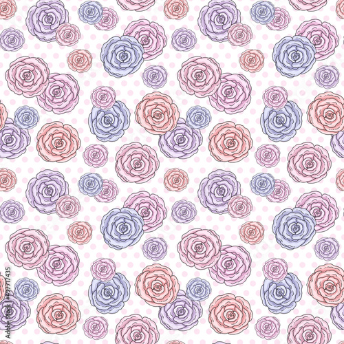 Floral seamless pattern with cute pastel roses and polka dots. Design for fabric  wrapping paper and other uses. High quality illustration.
