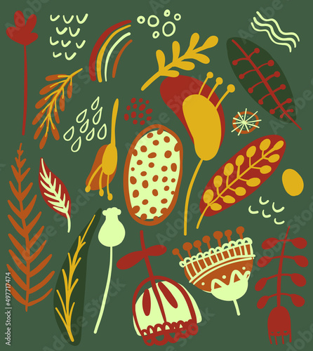 Abstract vector floral design set. hand drawn illustration. Sketch ready for contemporary scandinavian flat design- poster, invitation, post card, t-shirt design.