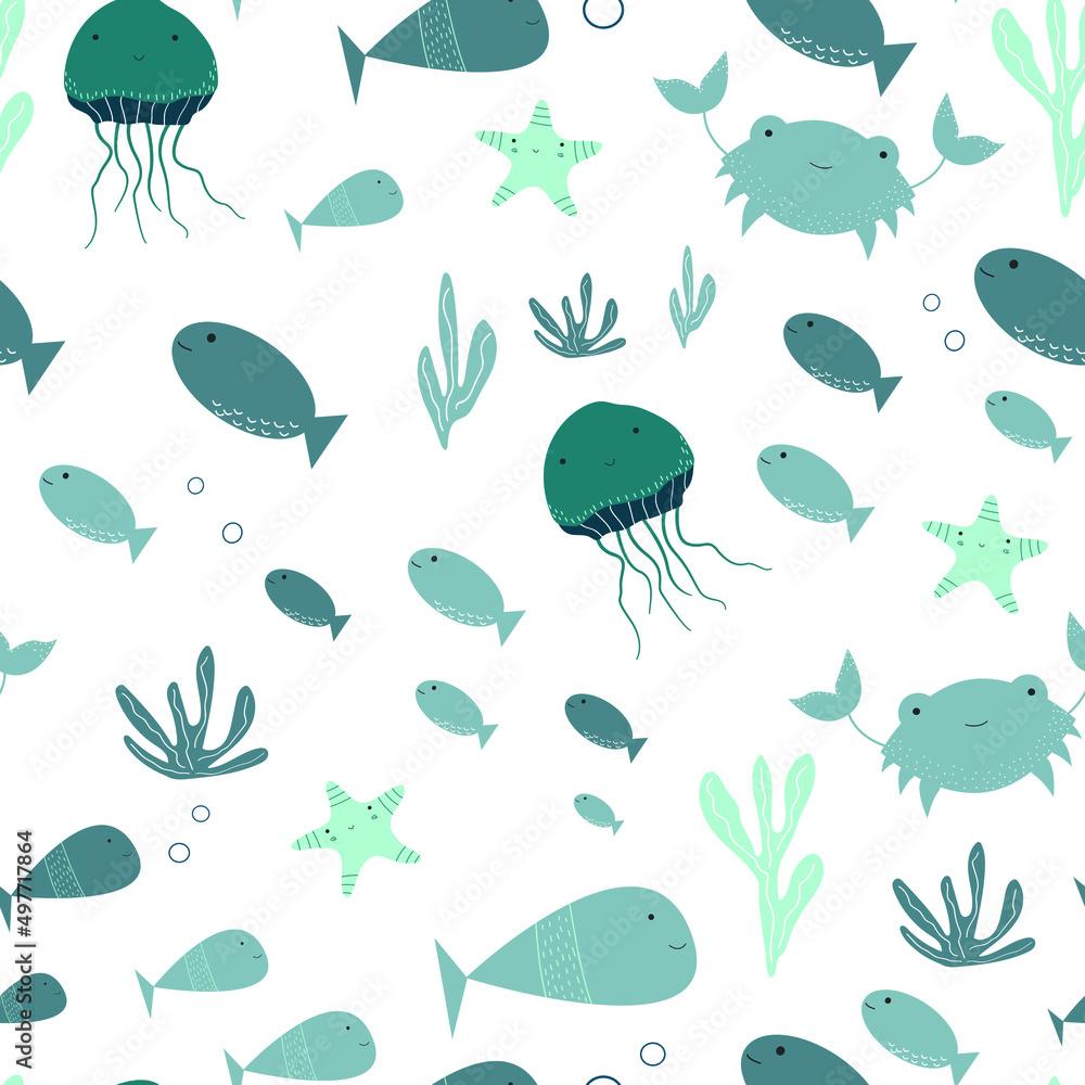 Cute seamless fish pattern. Cartoon underwater world. Baby funny marine print. Vector illustration of crab, jellyfish, starfish and fish in Scandinavian style. Cute seamless fish pattern. Cartoon underwater world. Baby funny marine print. Vector illustration of crab, jellyfish, starfish and fish in Scandinavian style.
