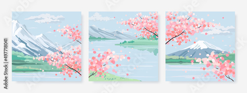 Spring cherry blossom landscape background. Hand drawn card, poster, banner or cover design template with blossoming sakura flowers