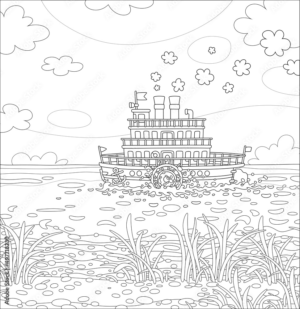 Funny retro paddle passenger steamboat with large wheels attached to its sides, black and white vector cartoon illustration for a coloring book page
