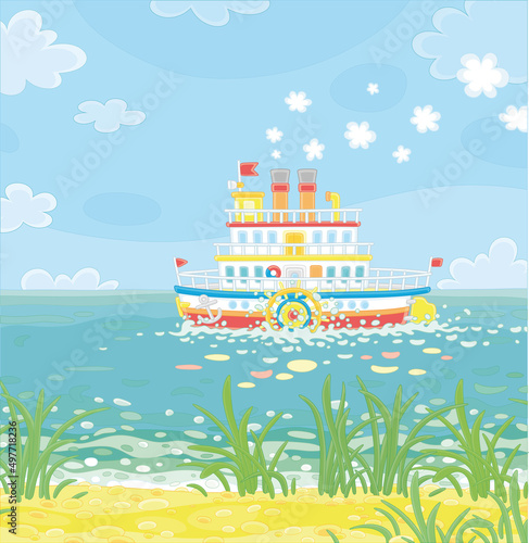 Funny retro paddle passenger steamboat with large wheels attached to its sides floating on a large lake on a summer day, vector cartoon illustration isolated on a white background