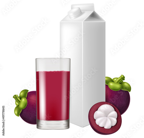 Blank white carton box for juice with a glass of juice and fresh mangosteens. Vector illustration.